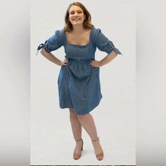 🆕Marée Pour Toi denim babydoll dress/short tie up sleeve/back zip/fit/flare👗 - Picture 1 of 6